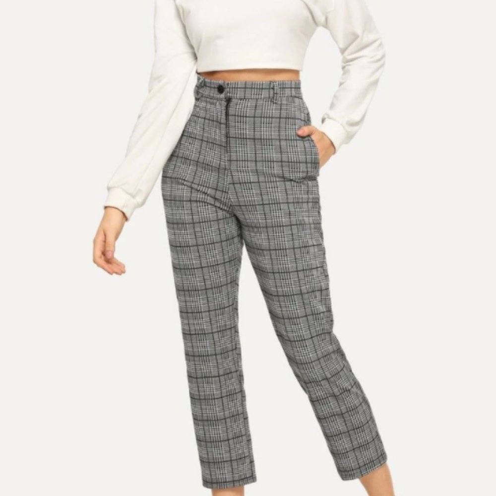 Plaid Button Straight Pants